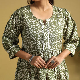 Green Cotton Flared Hand Batik Print Dress
