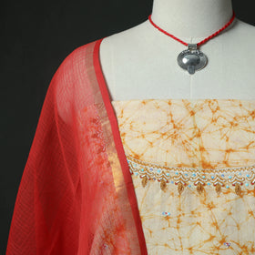 Yellow - Hand Embroidered Batik Block Print Cotton 2pc Unstitched Dress Material Kurta Set with Jewellery 06