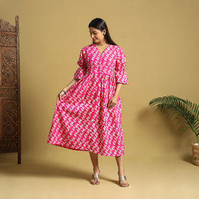 Pink Cotton Button Down Hand Batik Print Dress