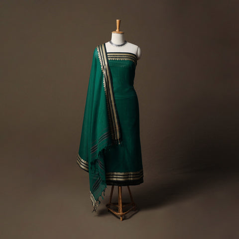 Green - Dharwad Mercerised Cotton 3pc Unstitched Dress Material Suit Set with Woven Border 32