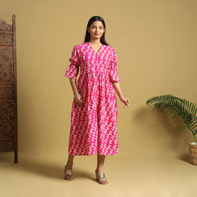 Pink Cotton Button Down Hand Batik Print Dress