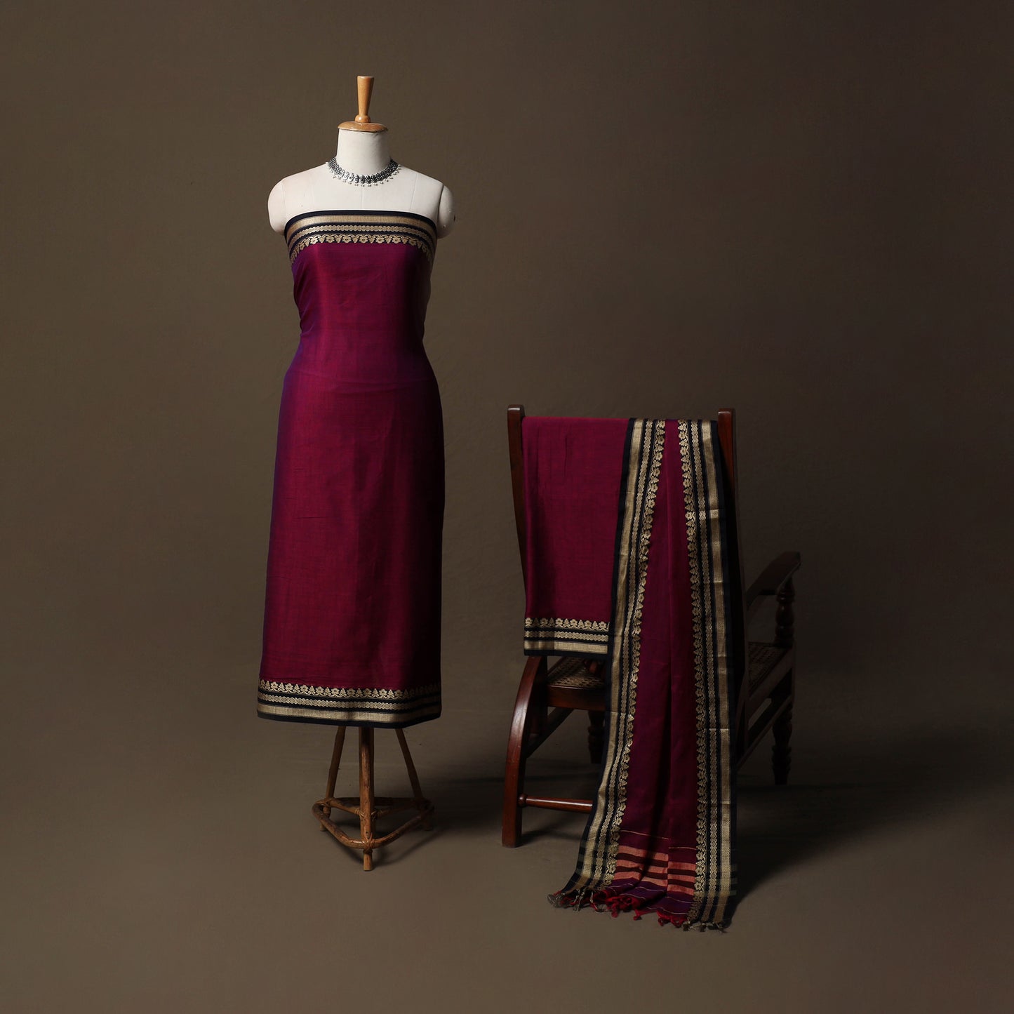 Dharwad Mercerised Cotton 3pc Unstitched Dress Material Suit Set with Woven Border 33