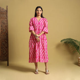 Pink Cotton Button Down Hand Batik Print Dress