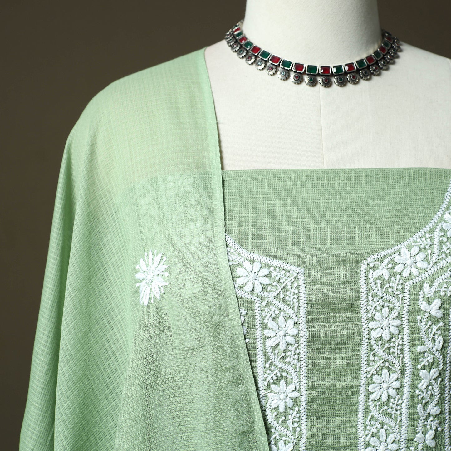 Lucknowi Hand Embroidered Kota Doria Cotton Chikankari 2pc Unstitched Dress Material 130