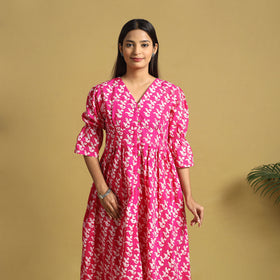 Pink Cotton Button Down Hand Batik Print Dress