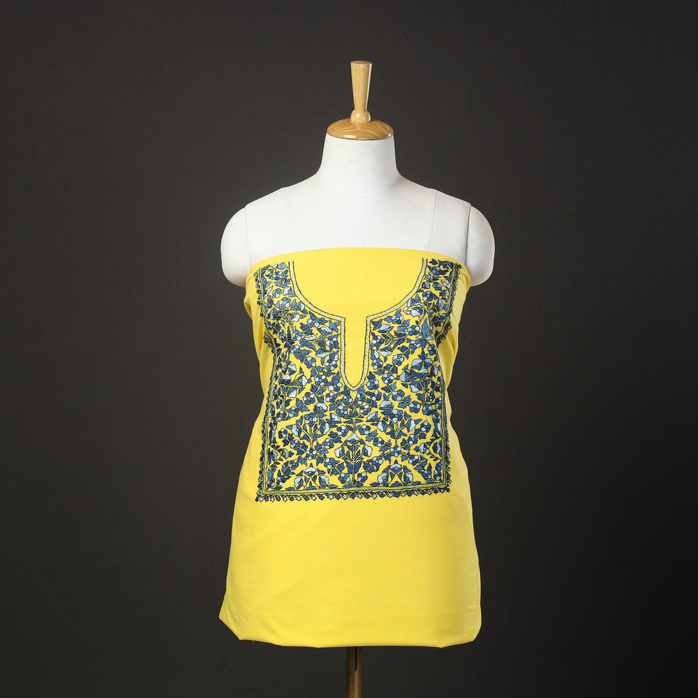 Yellow - 2pc Kashida Hand Embroidery Cotton Dress Material 55