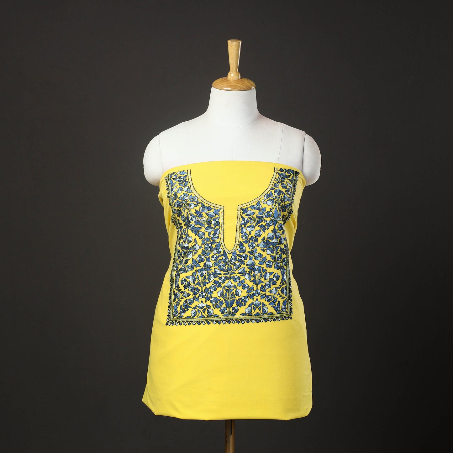 Yellow - 2pc Kashida Hand Embroidery Cotton Dress Material 55