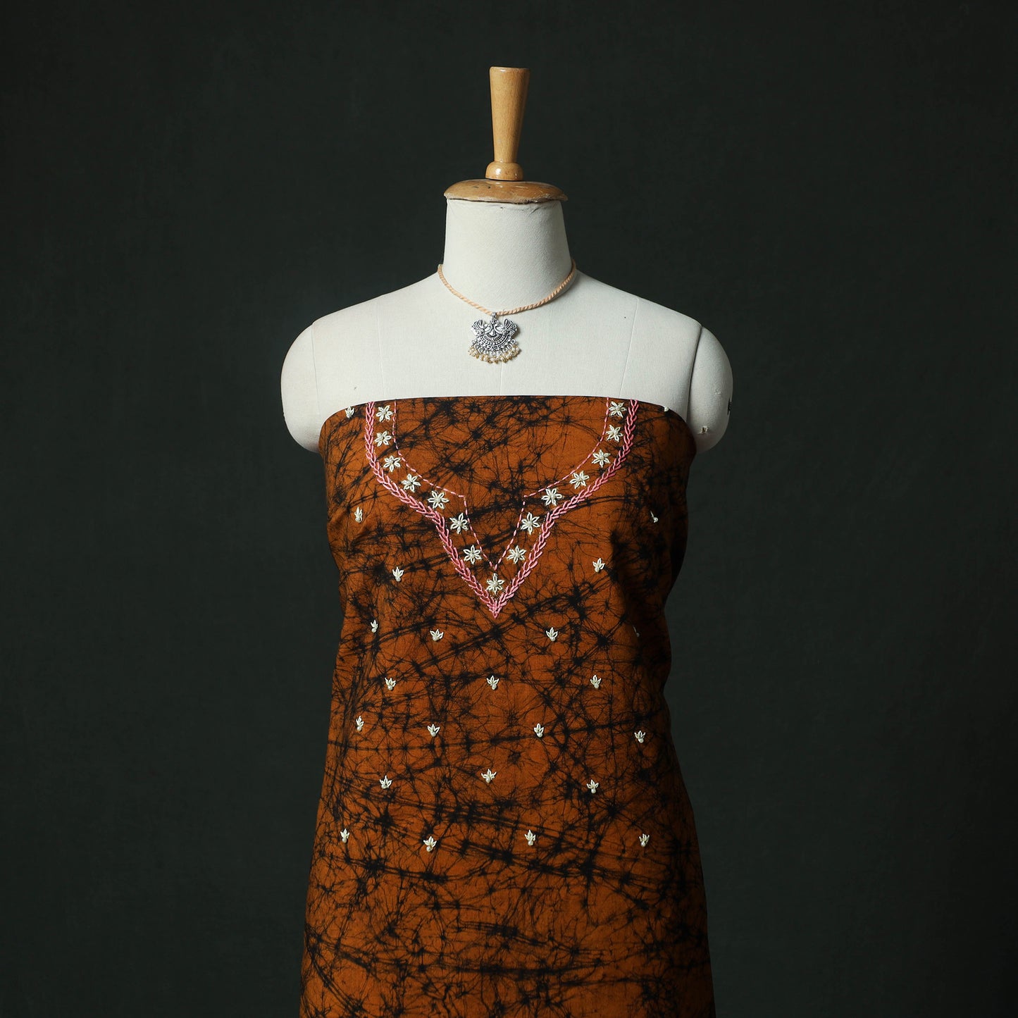 Orange - Hand Embroidered Batik Block Print Cotton 2pc Unstitched Dress Material Kurta Set with Jewellery 07