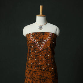 Orange - Hand Embroidered Batik Block Print Cotton 2pc Unstitched Dress Material Kurta Set with Jewellery 07