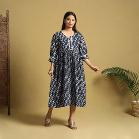Blue Cotton Flared Hand Batik Print Dress