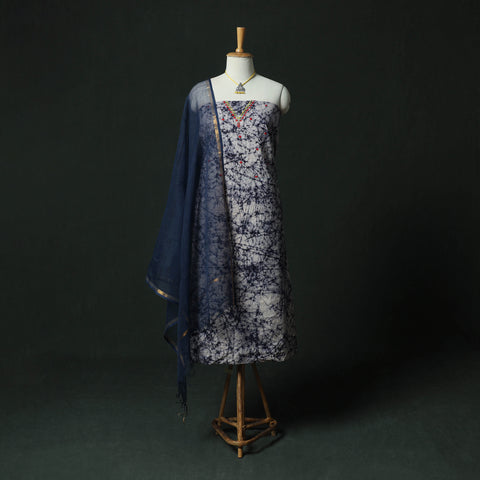 Hand Embroidered Batik Block Print Cotton 2pc Unstitched Dress Material Kurta Set with Jewellery 08