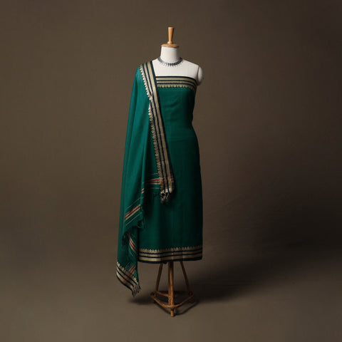 Green - Dharwad Mercerised Cotton 3pc Unstitched Dress Material Suit Set with Woven Border 35