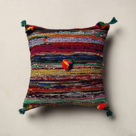Upcycled Vintage Saree Cushion Cover with Pom-Pom (16 x 16 in)