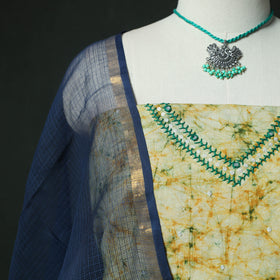 Yellow - Hand Embroidered Batik Block Print Cotton 2pc Unstitched Dress Material Kurta Set with Jewellery 10