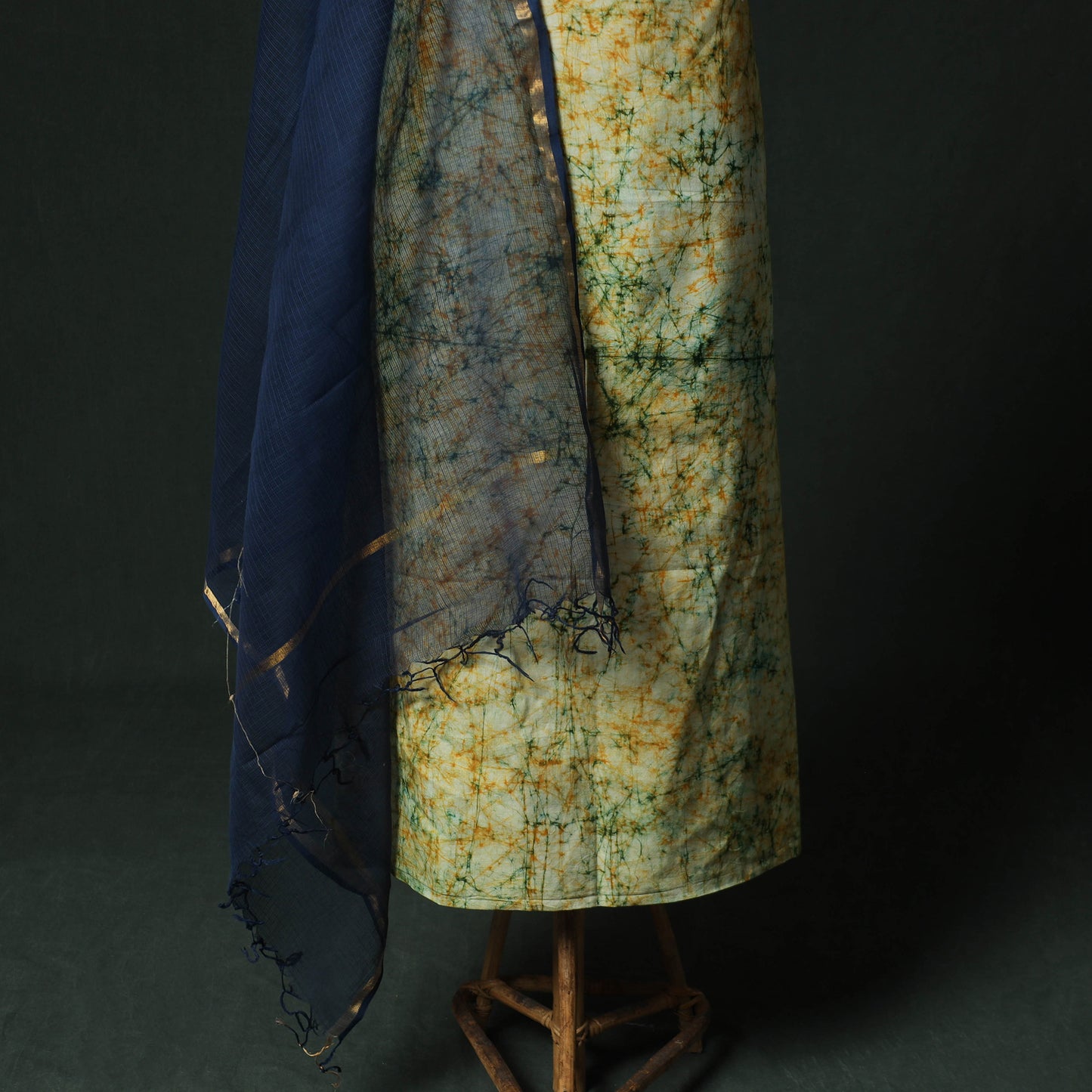 Yellow - Hand Embroidered Batik Block Print Cotton 2pc Unstitched Dress Material Kurta Set with Jewellery 10