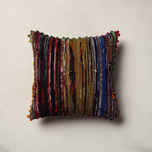 Upcycled Vintage Saree Cushion Cover with Pom-Pom (16 x 16 in)