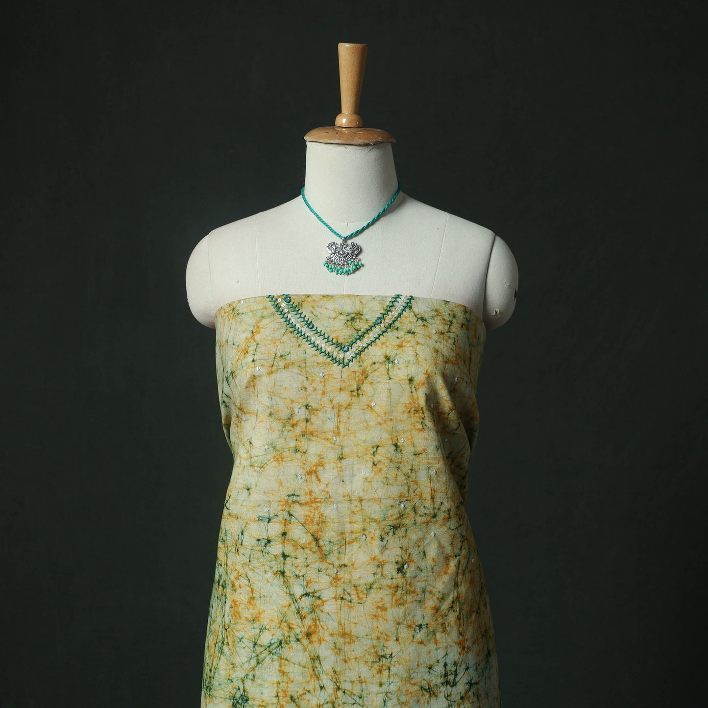 Yellow - Hand Embroidered Batik Block Print Cotton 2pc Unstitched Dress Material Kurta Set with Jewellery 10