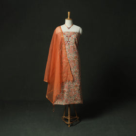 Beige - Hand Embroidered Sanganeri Block Print Cotton 2pc Unstitched Dress Material Kurta Set with Jewellery 01