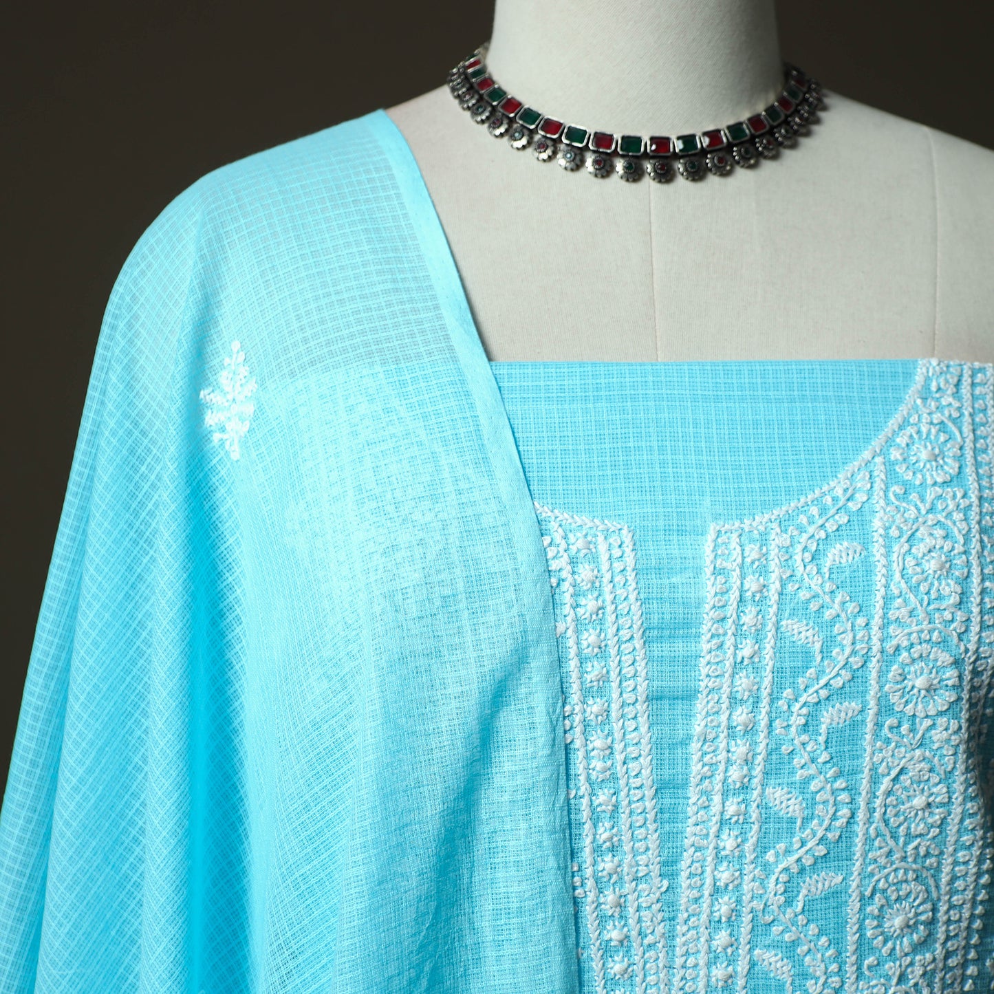 Lucknowi Hand Embroidered Kota Doria Cotton Chikankari 2pc Unstitched Dress Material 127