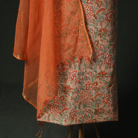 Beige - Hand Embroidered Sanganeri Block Print Cotton 2pc Unstitched Dress Material Kurta Set with Jewellery 01