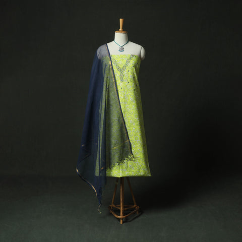 Green - Hand Embroidered Sanganeri Block Print Cotton 2pc Unstitched Dress Material Kurta Set with Jewellery 02