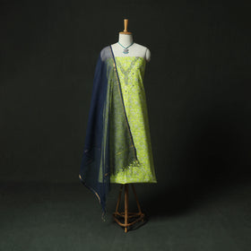 Green - Hand Embroidered Sanganeri Block Print Cotton 2pc Unstitched Dress Material Kurta Set with Jewellery 02