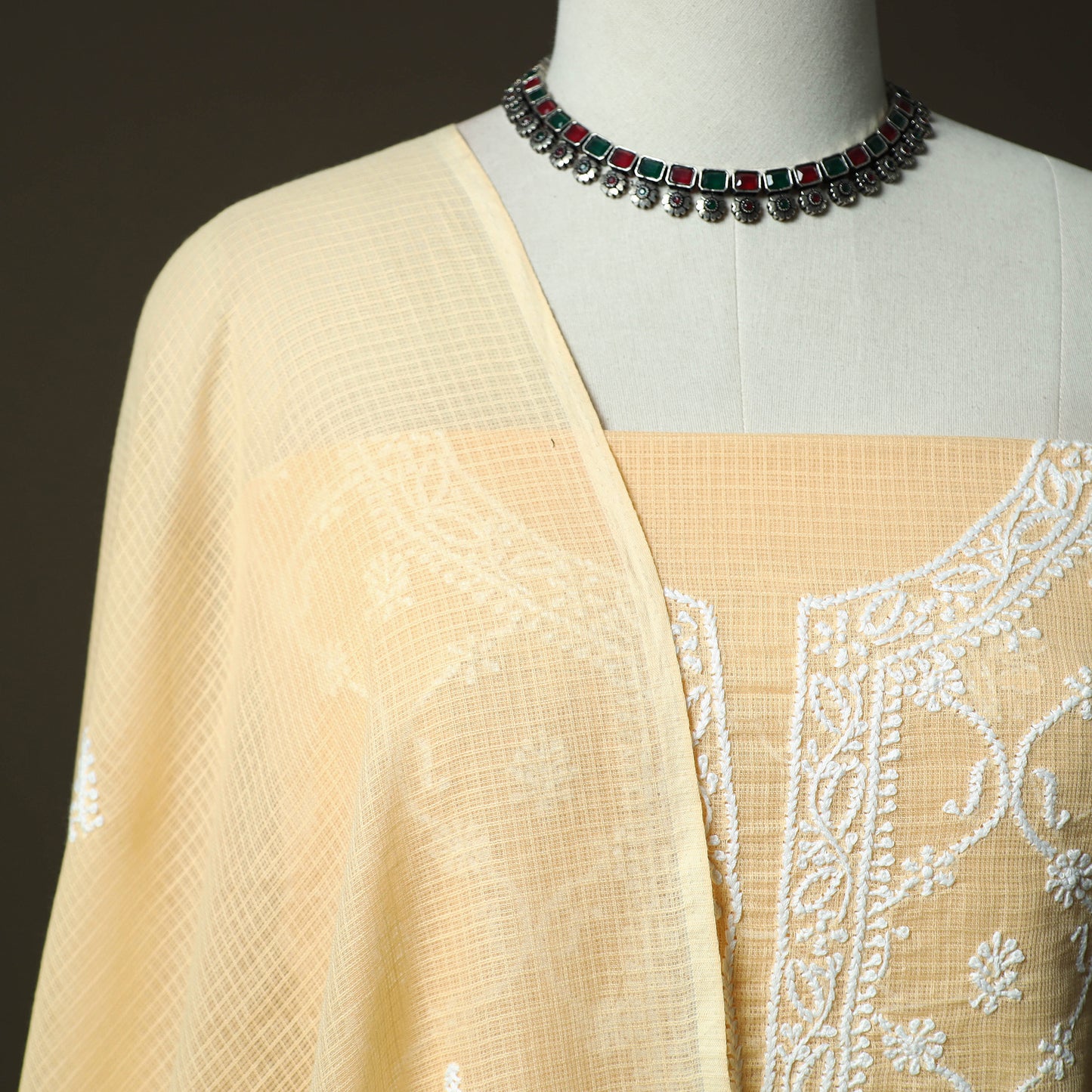 Lucknowi Hand Embroidered Kota Doria Cotton Chikankari 2pc Unstitched Dress Material 126