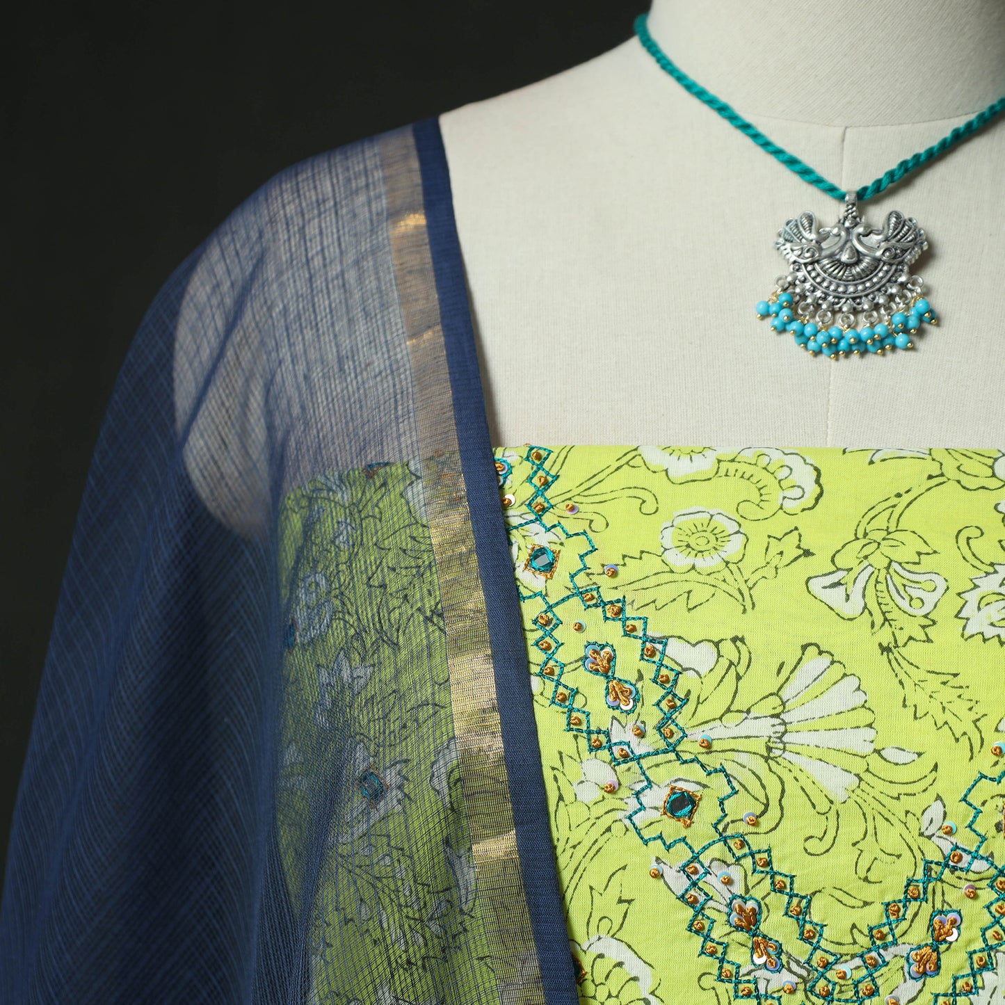 Green - Hand Embroidered Sanganeri Block Print Cotton 2pc Unstitched Dress Material Kurta Set with Jewellery 02