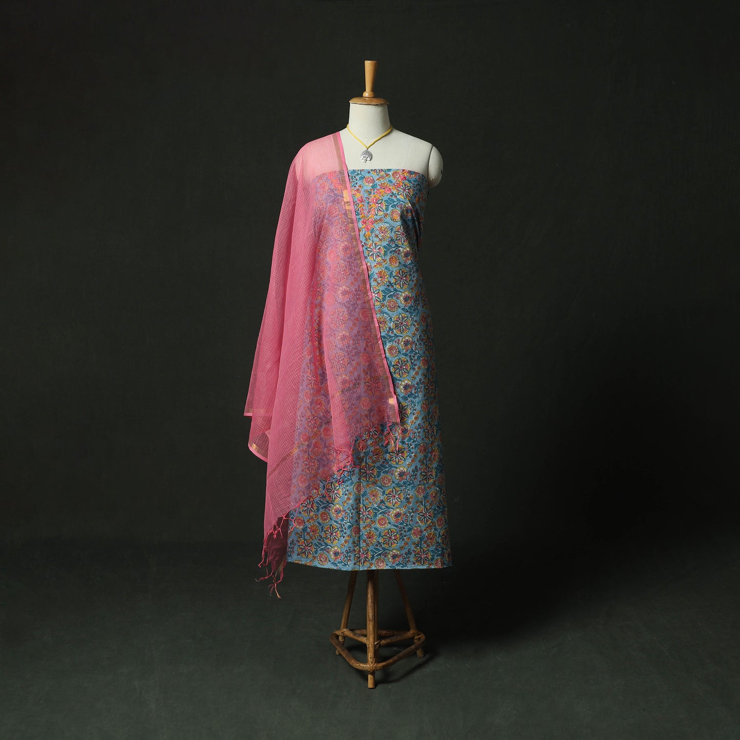 Blue - Hand Embroidered Sanganeri Block Print Cotton 2pc Unstitched Dress Material Kurta Set with Jewellery 03