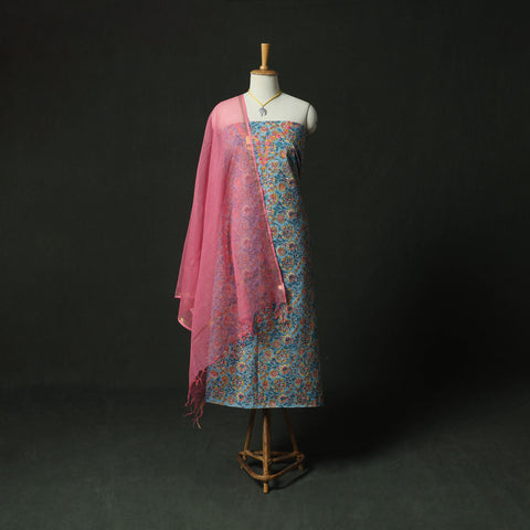 Blue - Hand Embroidered Sanganeri Block Print Cotton 2pc Unstitched Dress Material Kurta Set with Jewellery 03