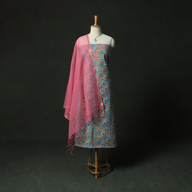 Blue - Hand Embroidered Sanganeri Block Print Cotton 2pc Unstitched Dress Material Kurta Set with Jewellery 03