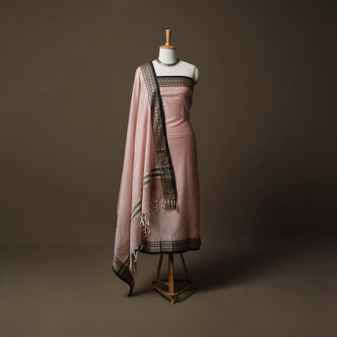 Pink - Dharwad Mercerised Cotton 3pc Unstitched Dress Material Suit Set with Woven Border 41
