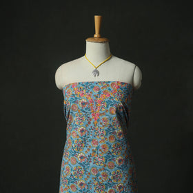 Blue - Hand Embroidered Sanganeri Block Print Cotton 2pc Unstitched Dress Material Kurta Set with Jewellery 03