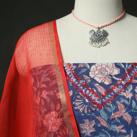 Blue - Hand Embroidered Sanganeri Block Print Cotton 2pc Unstitched Dress Material Kurta Set with Jewellery 04