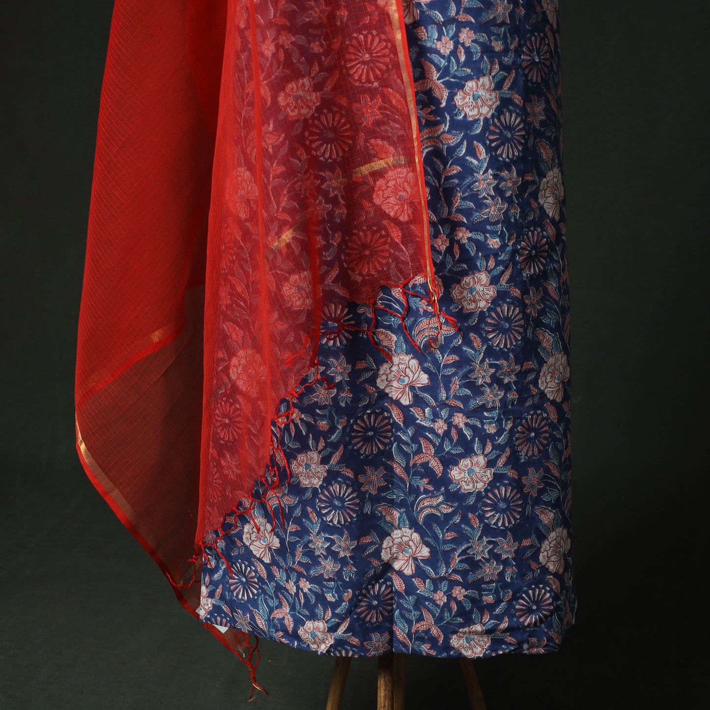 Blue - Hand Embroidered Sanganeri Block Print Cotton 2pc Unstitched Dress Material Kurta Set with Jewellery 04