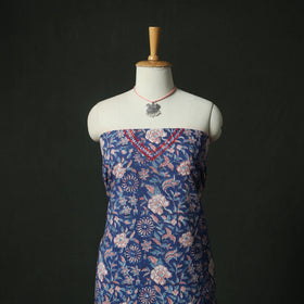 Blue - Hand Embroidered Sanganeri Block Print Cotton 2pc Unstitched Dress Material Kurta Set with Jewellery 04