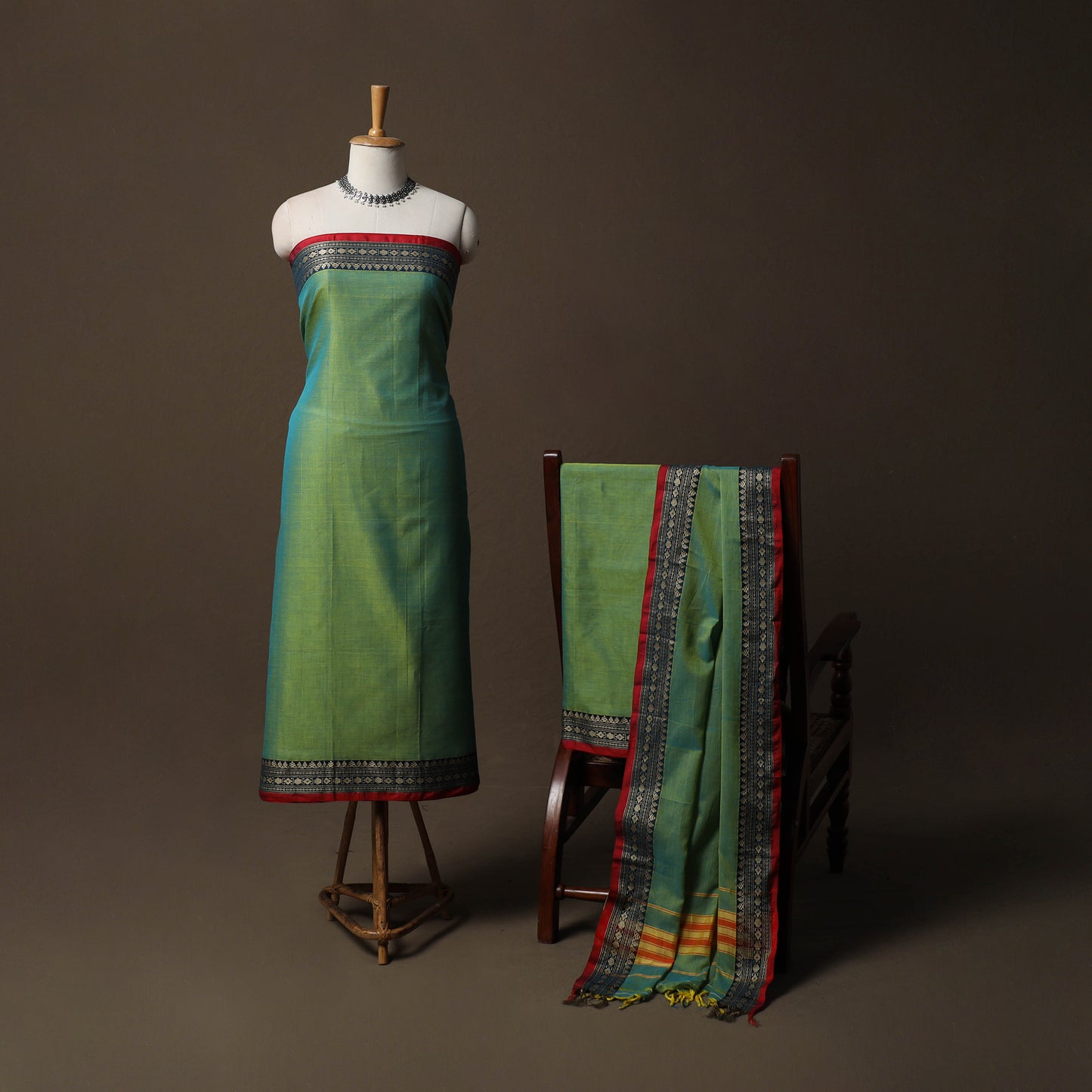 Dharwad Mercerised Cotton 3pc Unstitched Dress Material Suit Set with Woven Border 42