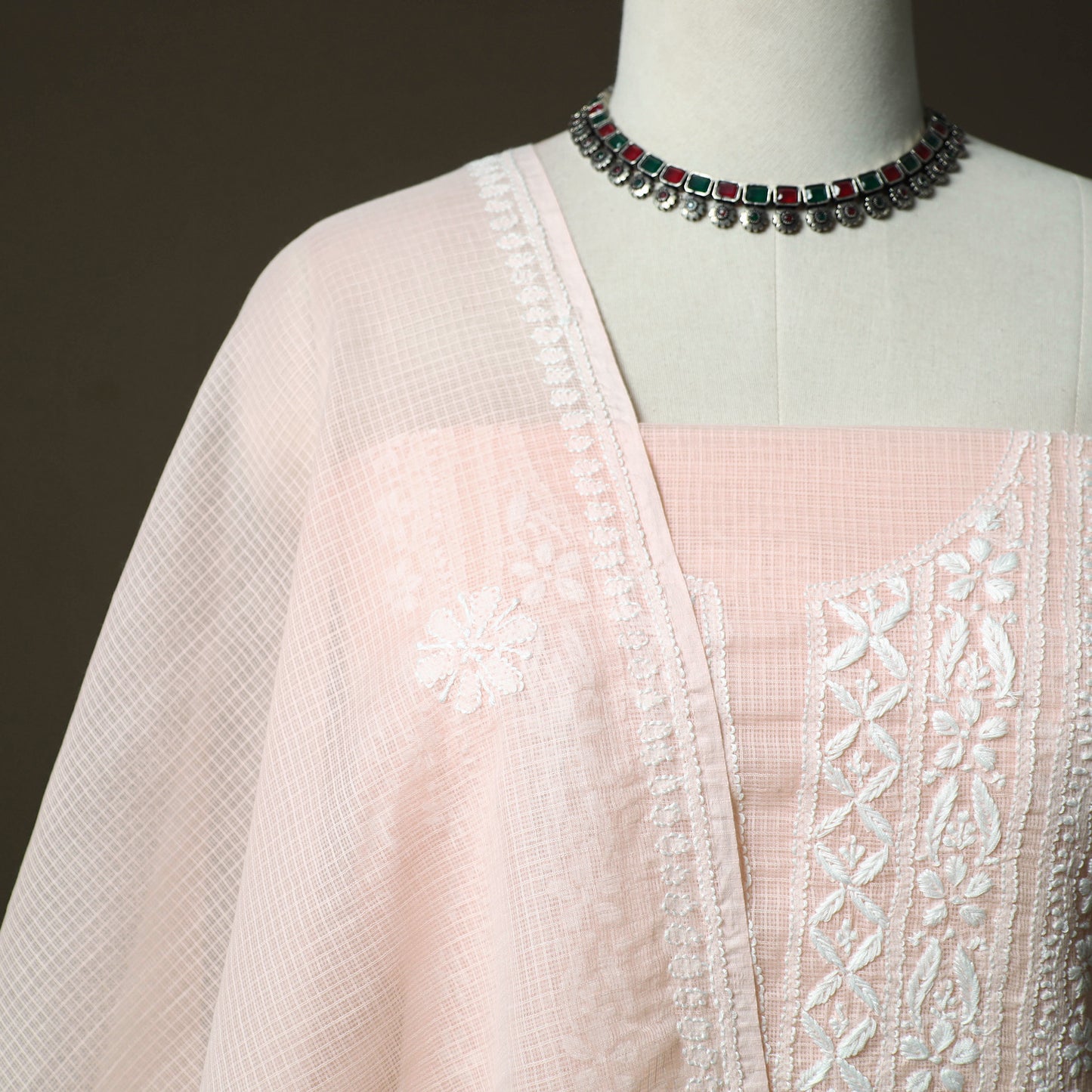 Lucknowi Hand Embroidered Kota Doria Cotton Chikankari 2pc Unstitched Dress Material 124