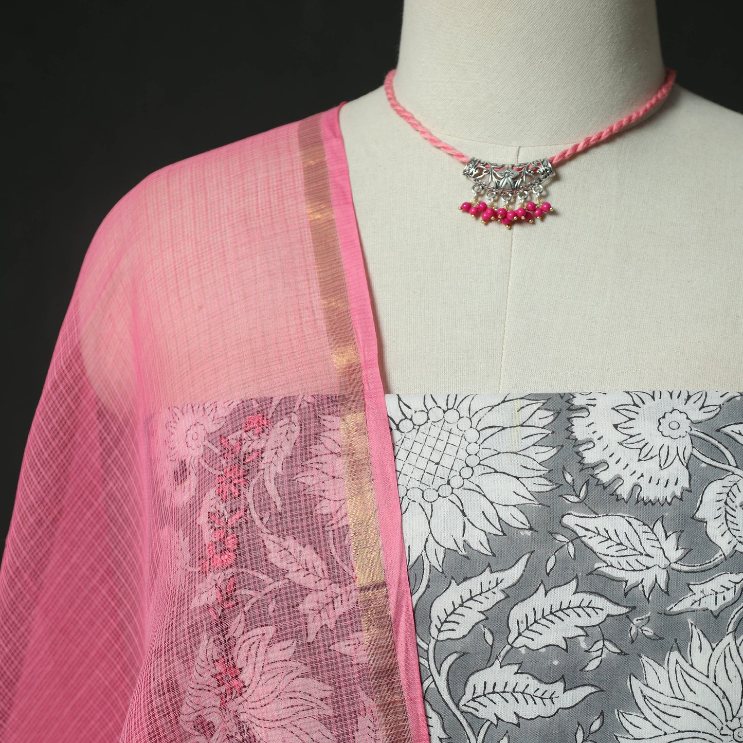 Grey - Hand Embroidered Sanganeri Block Print Cotton 2pc Unstitched Dress Material Kurta Set with Jewellery 05