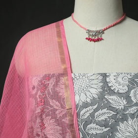 Grey - Hand Embroidered Sanganeri Block Print Cotton 2pc Unstitched Dress Material Kurta Set with Jewellery 05