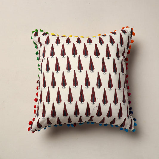 Jaipur Block Printed Cotton Cushion Cover with Pom-Pom (16 x 16 in)