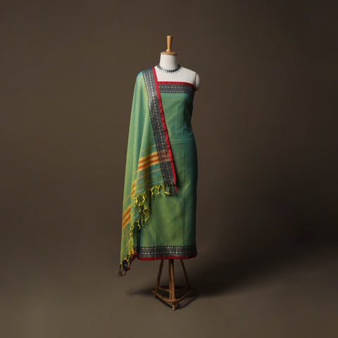 Green - Dharwad Mercerised Cotton 3pc Unstitched Dress Material Suit Set with Woven Border 42