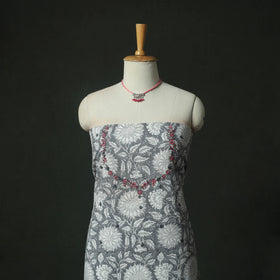 Grey - Hand Embroidered Sanganeri Block Print Cotton 2pc Unstitched Dress Material Kurta Set with Jewellery 05