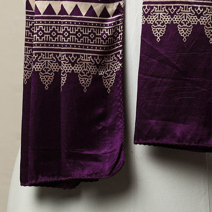 Purple - Mashru Silk Printed Ajrakh Stole 14