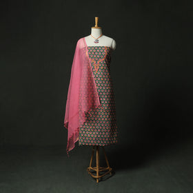 Green - Hand Embroidered Sanganeri Block Print Cotton 2pc Unstitched Dress Material Kurta Set with Jewellery 06