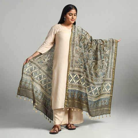 Blue - Block Printed Chanderi Silk Handloom Ajrakh Dupatta 15