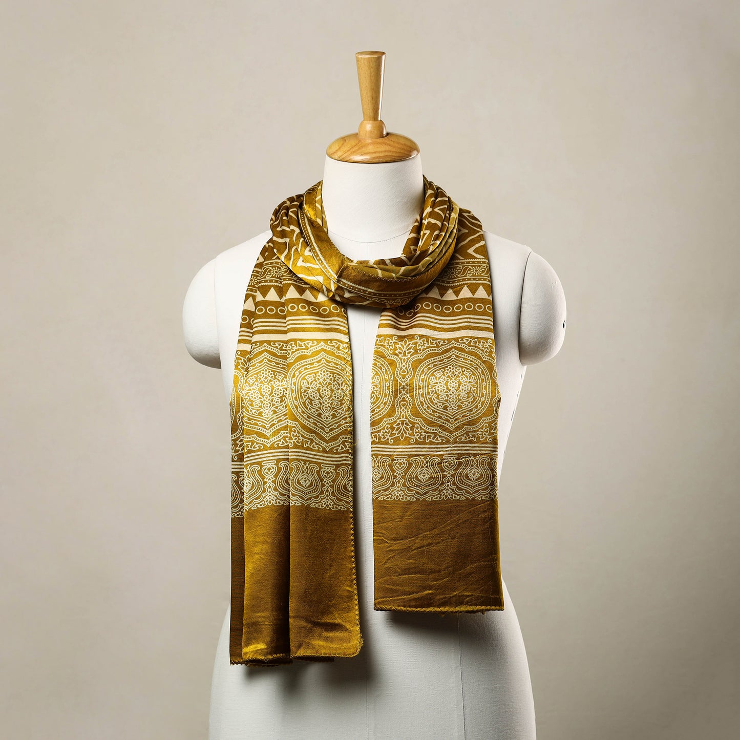 Yellow - Mashru Silk Printed Ajrakh Stole 18