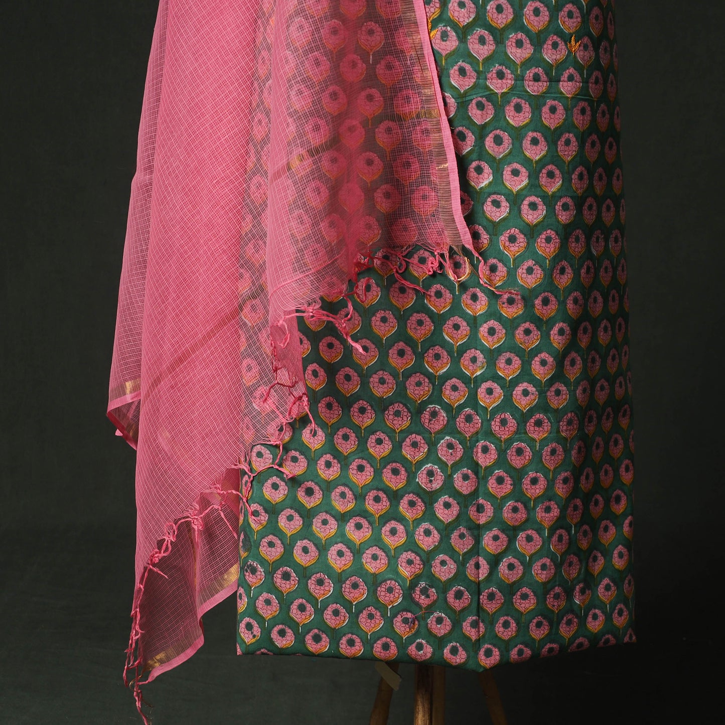 Green - Hand Embroidered Sanganeri Block Print Cotton 2pc Unstitched Dress Material Kurta Set with Jewellery 06
