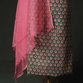 Green - Hand Embroidered Sanganeri Block Print Cotton 2pc Unstitched Dress Material Kurta Set with Jewellery 06