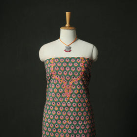 Green - Hand Embroidered Sanganeri Block Print Cotton 2pc Unstitched Dress Material Kurta Set with Jewellery 06